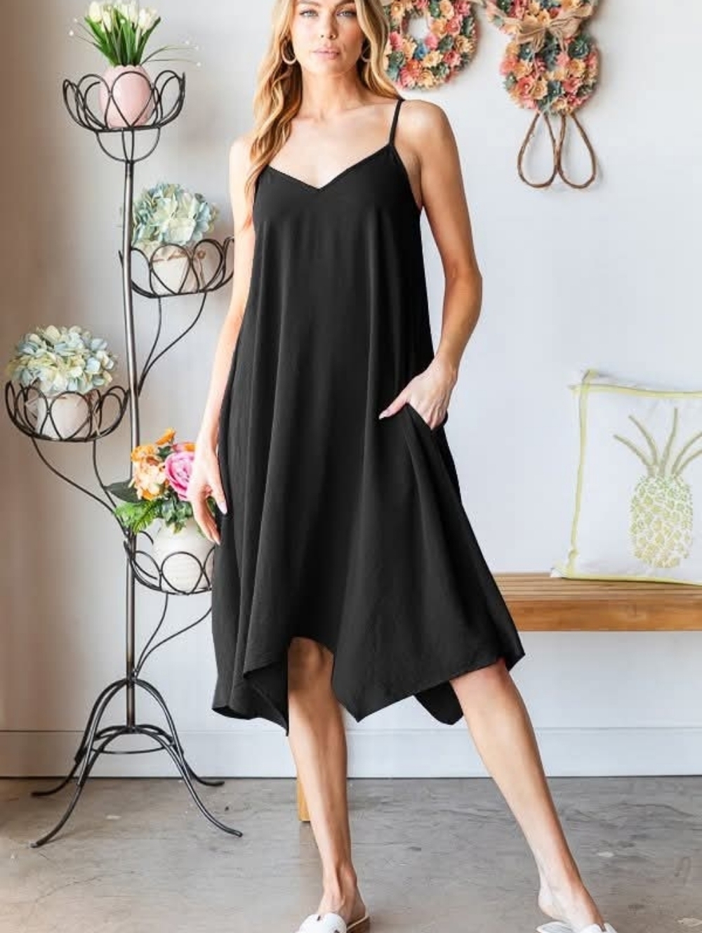 HEIMISH USA Black Asymmetrical Spaghetti-Strap Swing Dress